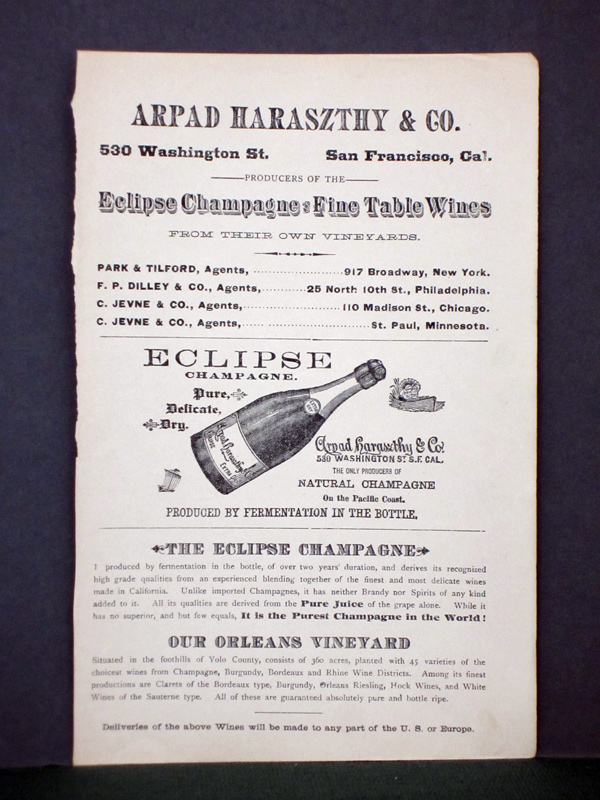 Arpad Haraszthy Co. Eclipse Champagne Advertising, C.1890