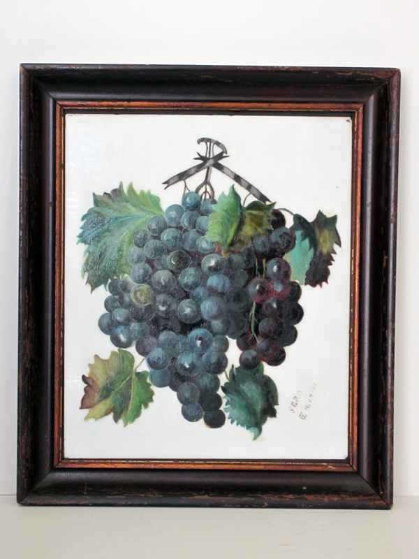 Signed Oil on Milk Glass Grape Cluster Painting, C.1901